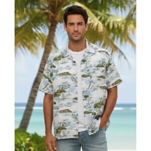 VTG Modigliani Hawaiian Shirt L Blue Tropical Island Print Vintage Rayon Beach